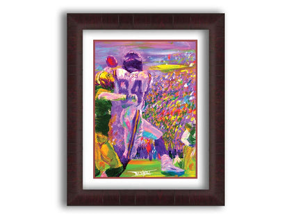 A painting of football wide reciever Randy Moss of the MInnesota Vikings making a catch, in a game against the Green Bay Packers. Printed on paper, matted, and framed.