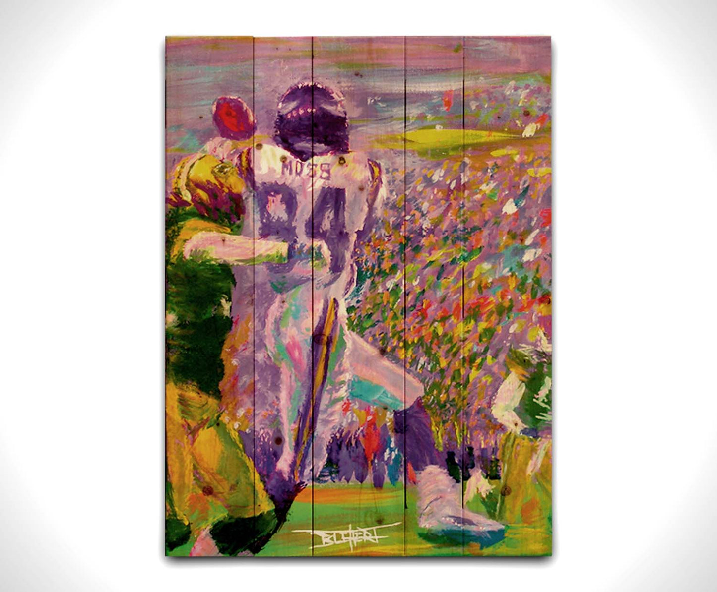 A painting of football wide reciever Randy Moss of the MInnesota Vikings making a catch, in a game against the Green Bay Packers. Printed on a wood pallet.