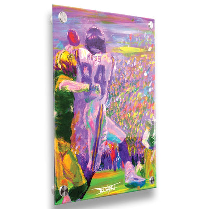 A painting of football wide reciever Randy Moss of the MInnesota Vikings making a catch, in a game against the Green Bay Packers. Printed on acrylic.