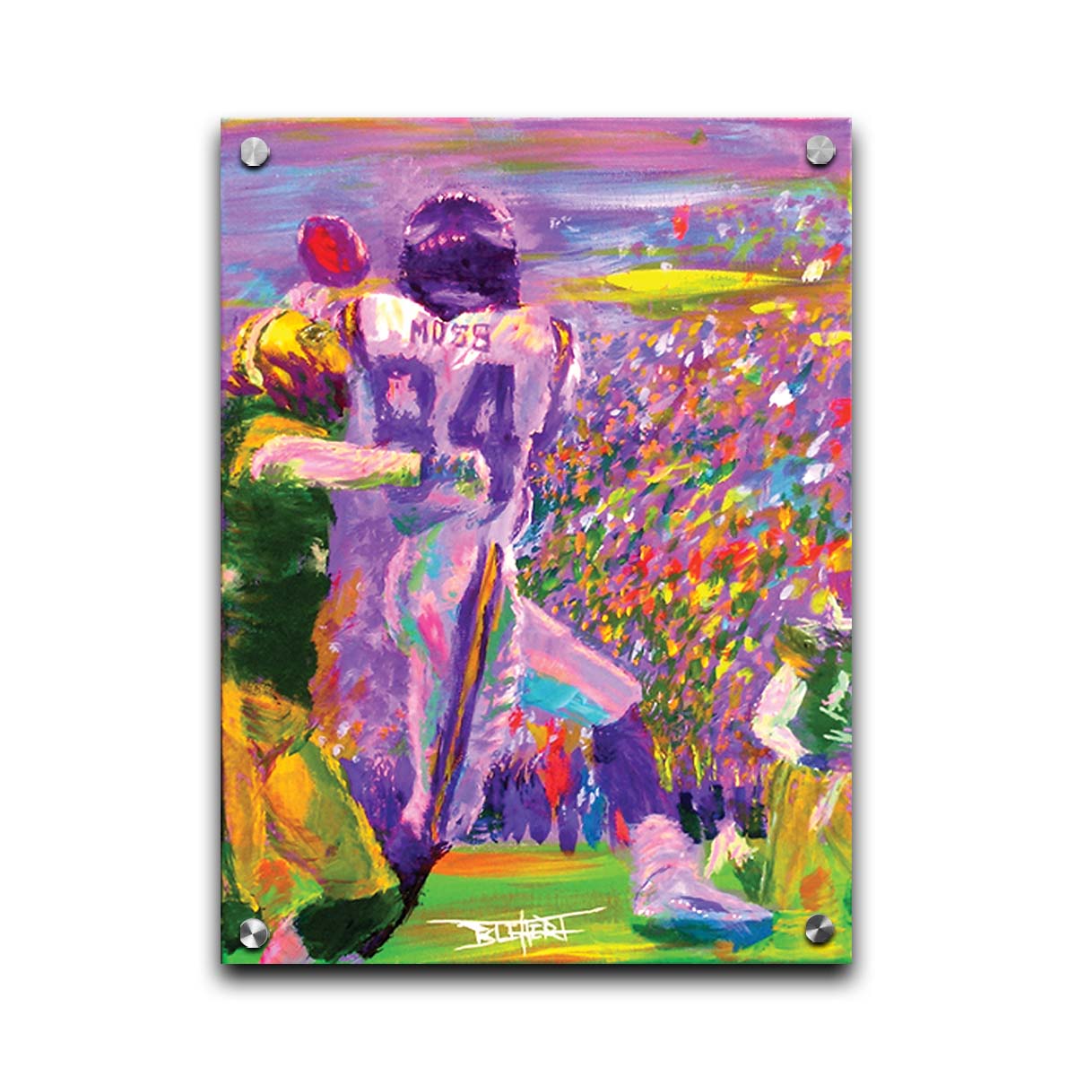 A painting of football wide reciever Randy Moss of the MInnesota Vikings making a catch, in a game against the Green Bay Packers. Printed on acrylic.