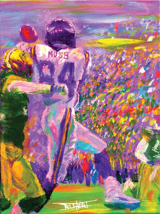 A painting of football wide receiver Randy Moss of the MInnesota Vikings making a catch, in a game against the Green Bay Packers.