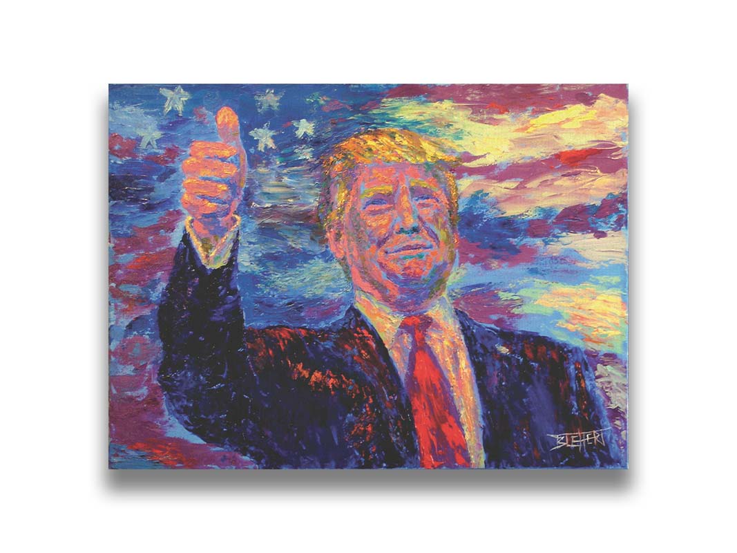 This painting by Robert Blehert features a portrait of the infamous former 45th president of the United States, Donald John Trump, now known for a litany of criminal trials and lawsuits. Printed on canvas.