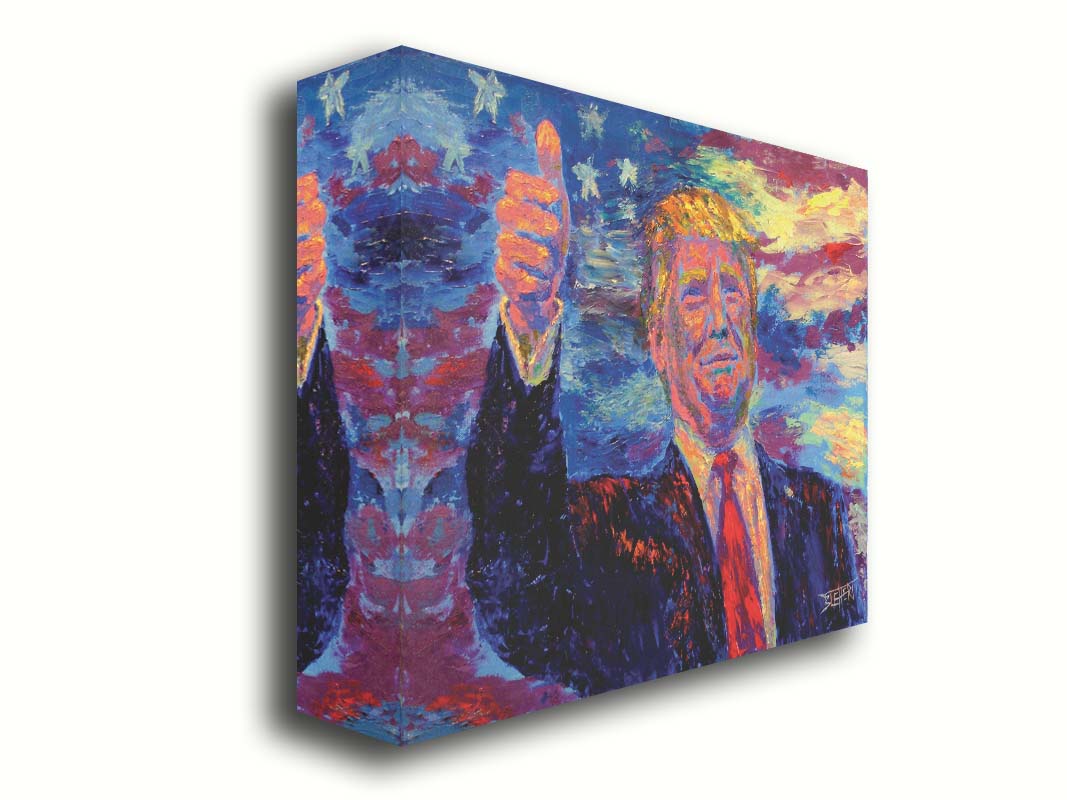 This painting by Robert Blehert features a portrait of the infamous former 45th president of the United States, Donald John Trump, now known for a litany of criminal trials and lawsuits. Printed on canvas.