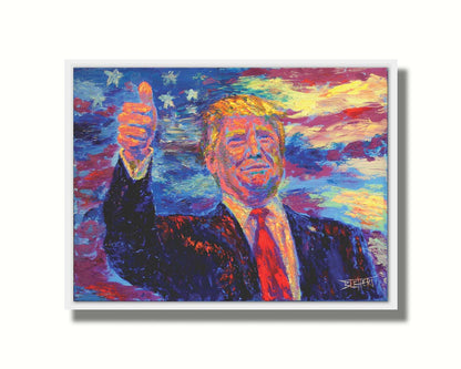 This painting by Robert Blehert features a portrait of the infamous former 45th president of the United States, Donald John Trump, now known for a litany of criminal trials and lawsuits. Printed on canvas in a float frame.