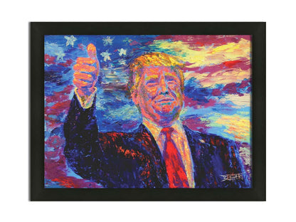 This painting by Robert Blehert features a portrait of the infamous former 45th president of the United States, Donald John Trump, now known for a litany of criminal trials and lawsuits. Printed on canvas and framed.