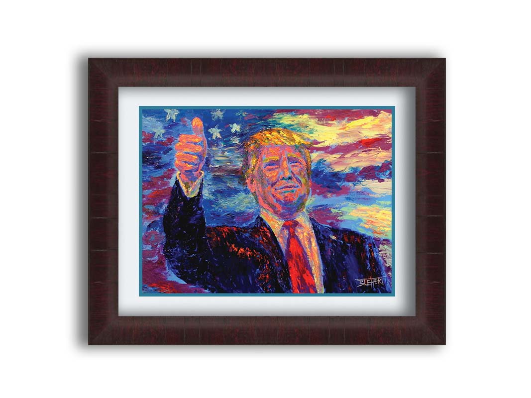 This painting by Robert Blehert features a portrait of the infamous former 45th president of the United States, Donald John Trump, now known for a litany of criminal trials and lawsuits. Printed on paper, matted, and framed.