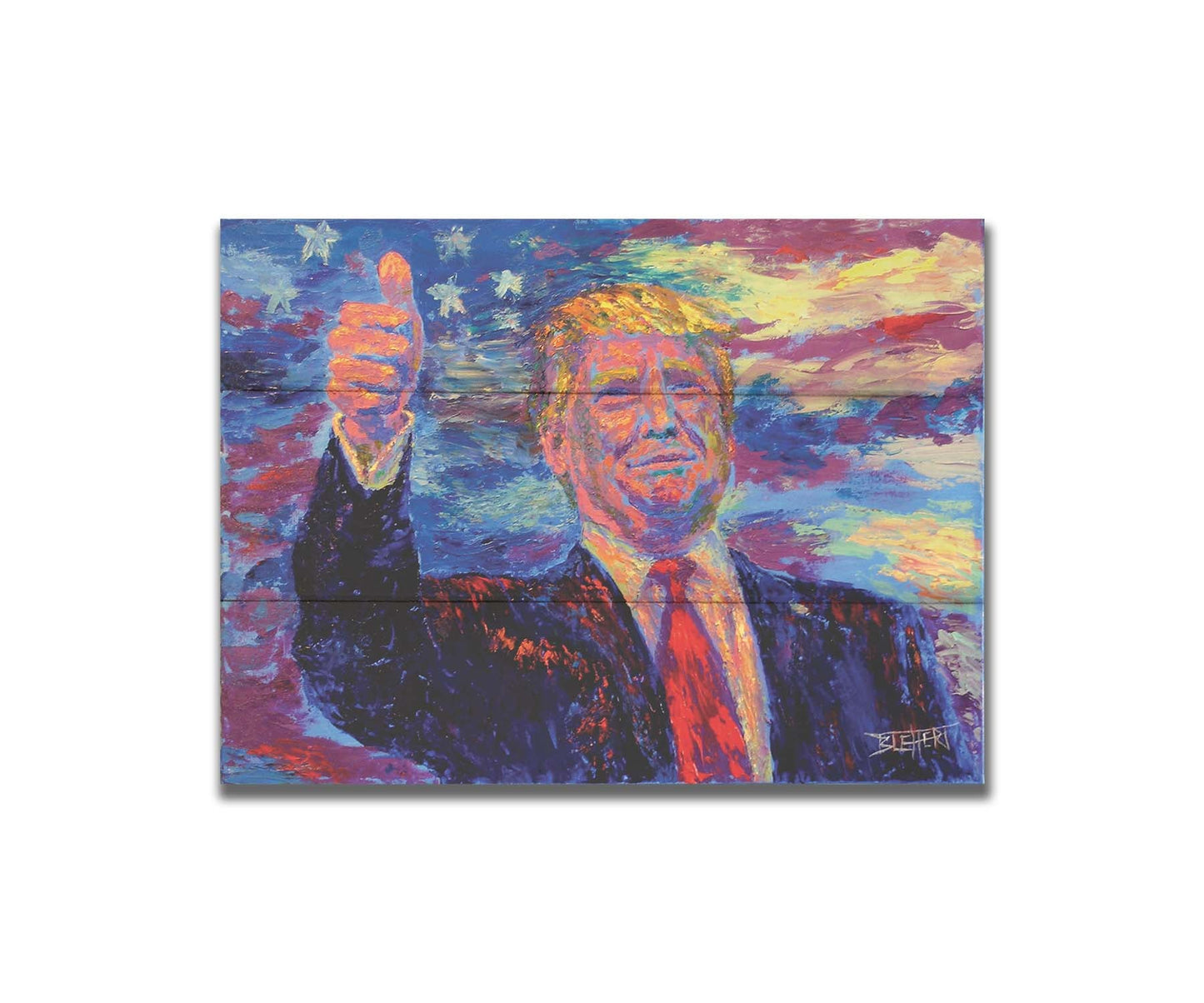 This painting by Robert Blehert features a portrait of the infamous former 45th president of the United States, Donald John Trump, now known for a litany of criminal trials and lawsuits. Printed on a box board.