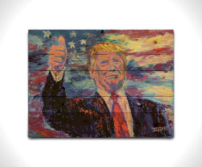 This painting by Robert Blehert features a portrait of the infamous former 45th president of the United States, Donald John Trump, now known for a litany of criminal trials and lawsuits. Printed on a wood pallet.