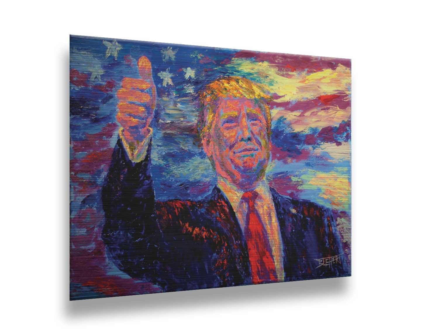 This painting by Robert Blehert features a portrait of the infamous former 45th president of the United States, Donald John Trump, now known for a litany of criminal trials and lawsuits. Printed on metal.