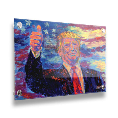 This painting by Robert Blehert features a portrait of the infamous former 45th president of the United States, Donald John Trump, now known for a litany of criminal trials and lawsuits. Printed on acrylic.