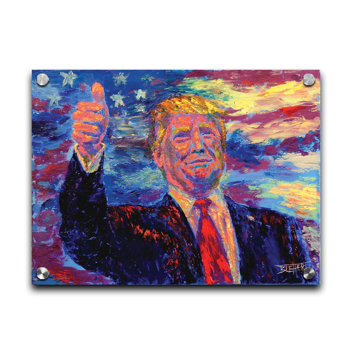 This painting by Robert Blehert features a portrait of the infamous former 45th president of the United States, Donald John Trump, now known for a litany of criminal trials and lawsuits. Printed on acrylic.