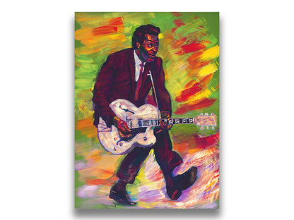 A painting of musical legend Chuck Berry, known as "the father of rock and roll", performing and playing guitar with his signature showmanship. Printed on canvas.