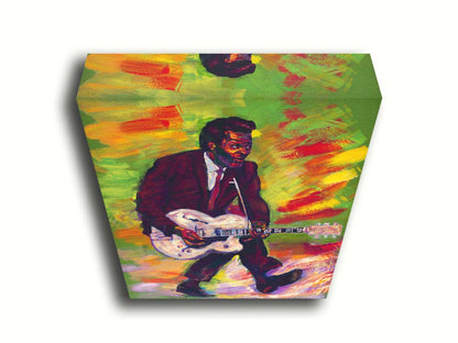 A painting of musical legend Chuck Berry, known as "the father of rock and roll", performing and playing guitar with his signature showmanship. Printed on canvas.