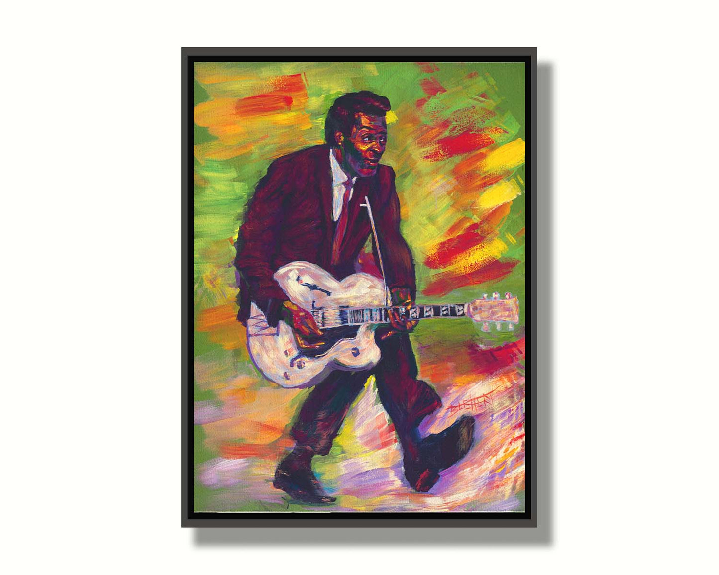 A painting of musical legend Chuck Berry, known as "the father of rock and roll", performing and playing guitar with his signature showmanship. Printed on canvas in a float frame.