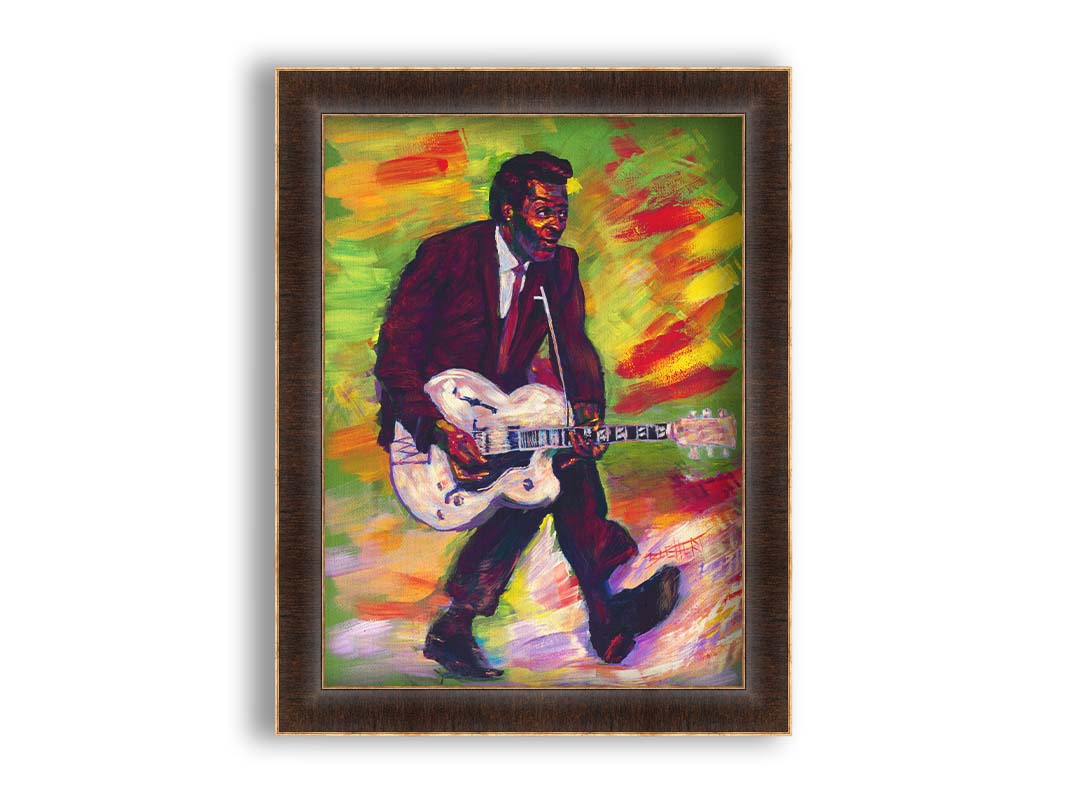 A painting of musical legend Chuck Berry, known as "the father of rock and roll", performing and playing guitar with his signature showmanship. Printed on canvas and framed.