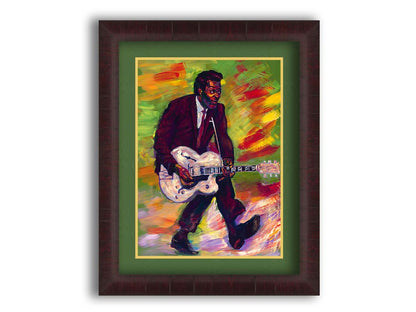 A painting of musical legend Chuck Berry, known as "the father of rock and roll", performing and playing guitar with his signature showmanship. Printed on paper, matted, and framed.