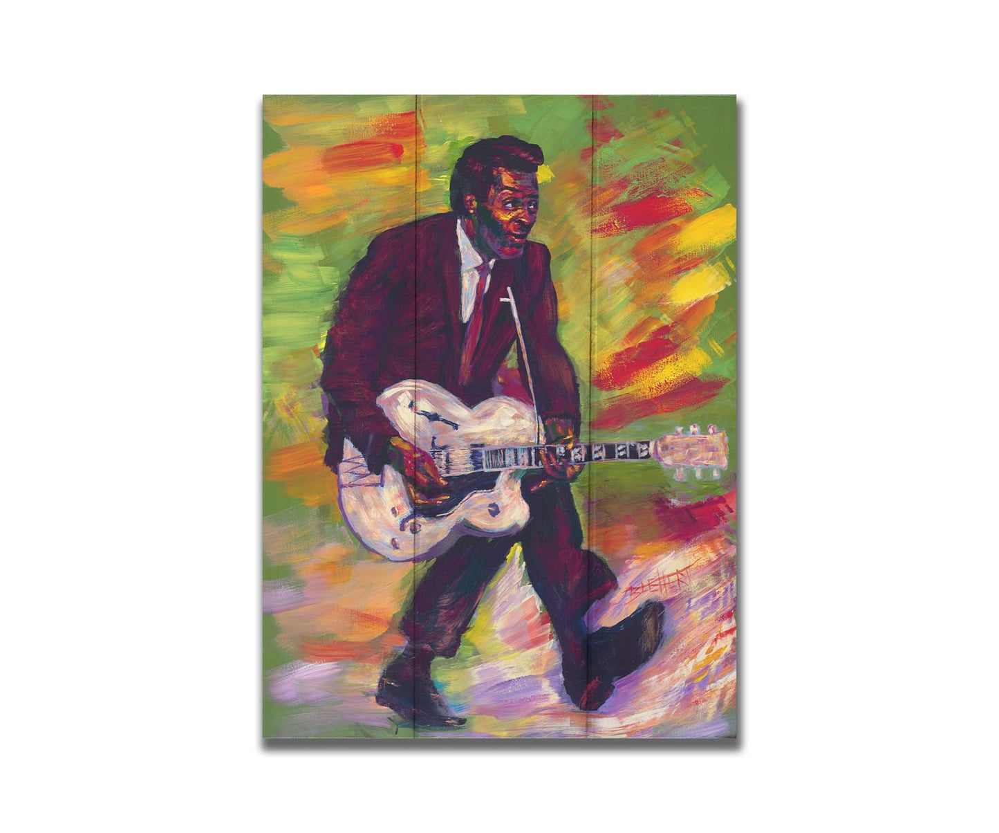 A painting of musical legend Chuck Berry, known as "the father of rock and roll", performing and playing guitar with his signature showmanship. Printed on a box board.