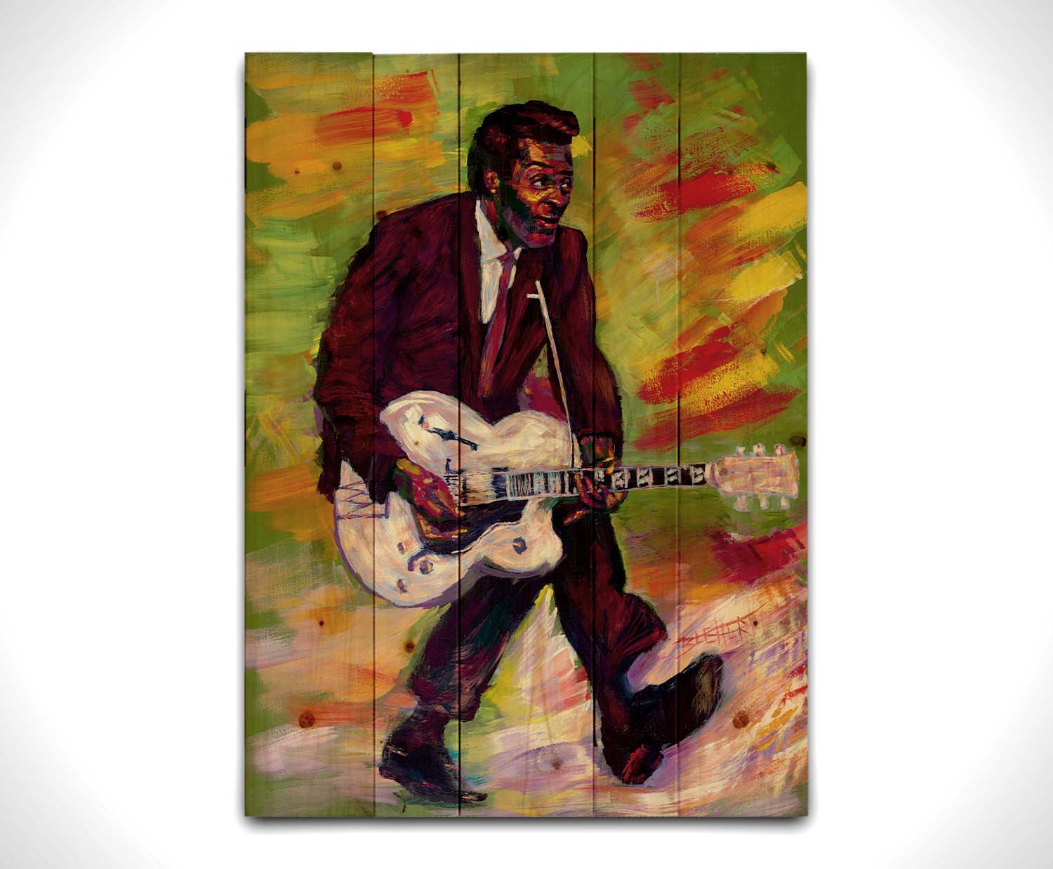 A painting of musical legend Chuck Berry, known as "the father of rock and roll", performing and playing guitar with his signature showmanship. Printed on a wood pallet.