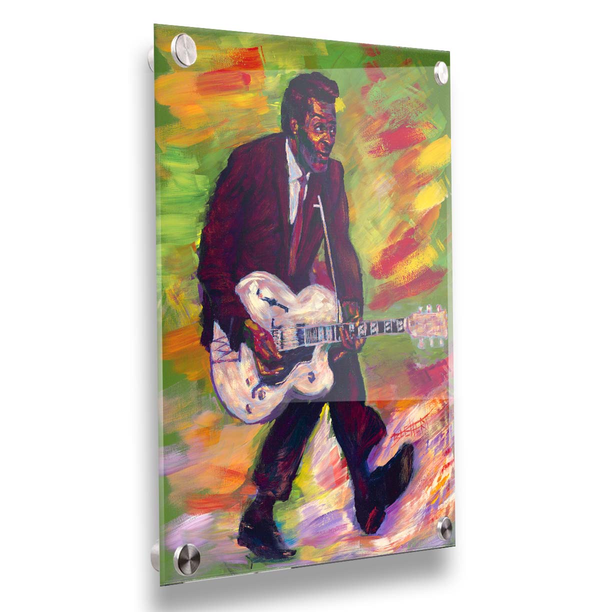 A painting of musical legend Chuck Berry, known as "the father of rock and roll", performing and playing guitar with his signature showmanship. Printed on acrylic.