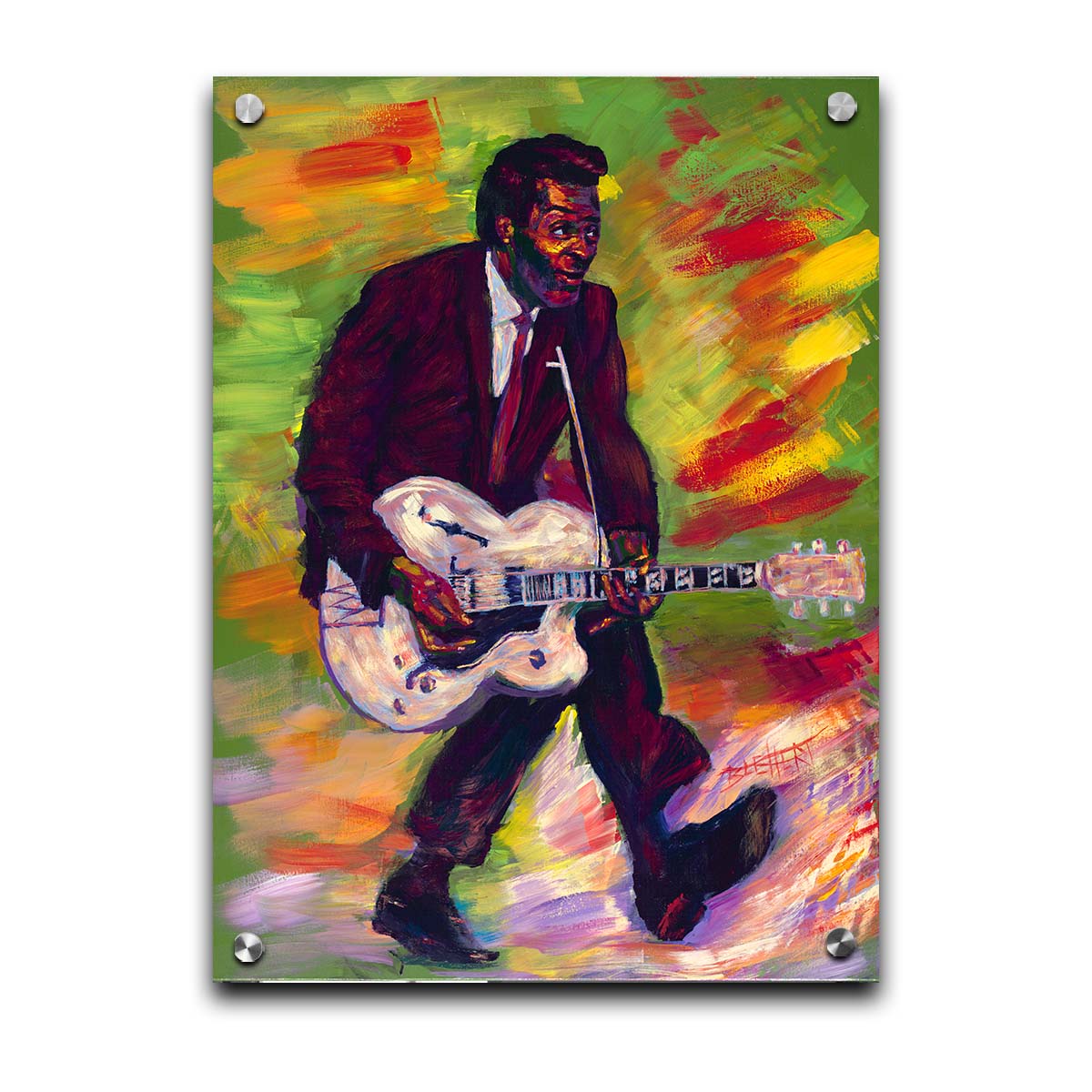 A painting of musical legend Chuck Berry, known as "the father of rock and roll", performing and playing guitar with his signature showmanship. Printed on acrylic.