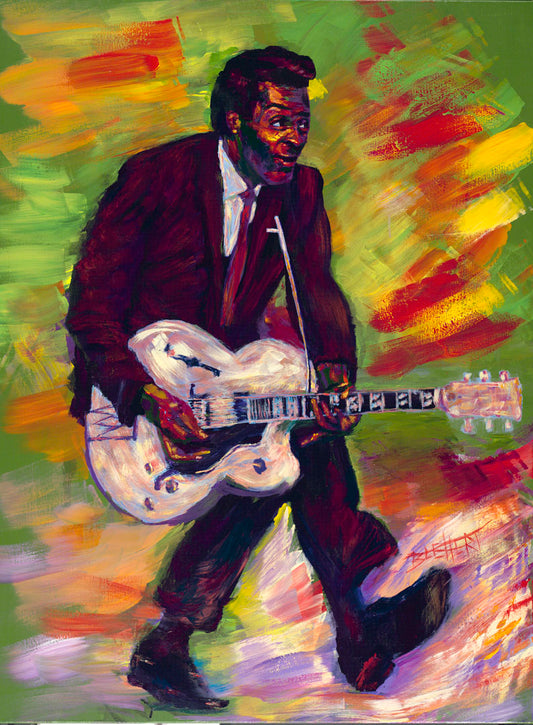 A painting of musical legend Chuck Berry, known as "the father of rock and roll", performing and playing guitar with his signature showmanship.