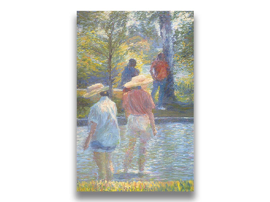 A painting of two people cooling off by wading in shallow water, with two more standing under a shade tree nearby. Printed on canvas.