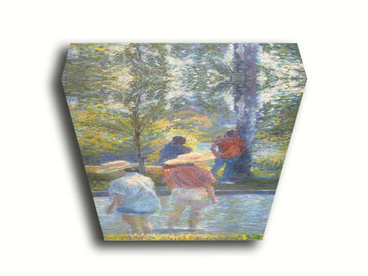 A painting of two people cooling off by wading in shallow water, with two more standing under a shade tree nearby. Printed on canvas.