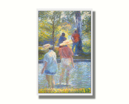 A painting of two people cooling off by wading in shallow water, with two more standing under a shade tree nearby. Printed on canvas in a float frame.