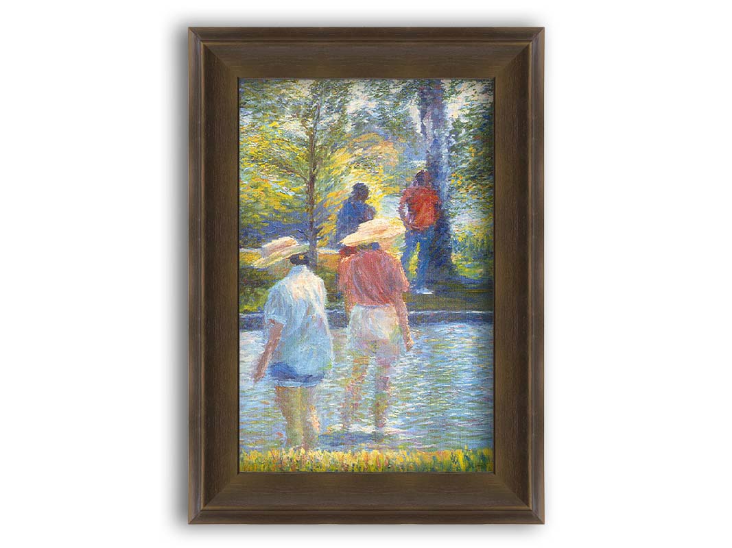 A painting of two people cooling off by wading in shallow water, with two more standing under a shade tree nearby. Printed on canvas and framed.