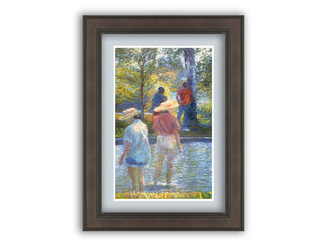 A painting of two people cooling off by wading in shallow water, with two more standing under a shade tree nearby. Printed on paper, matted, and framed.