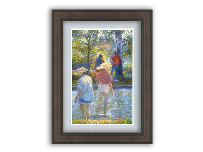 A painting of two people cooling off by wading in shallow water, with two more standing under a shade tree nearby. Printed on paper, matted, and framed.