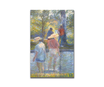 A painting of two people cooling off by wading in shallow water, with two more standing under a shade tree nearby. Printed on a box board.