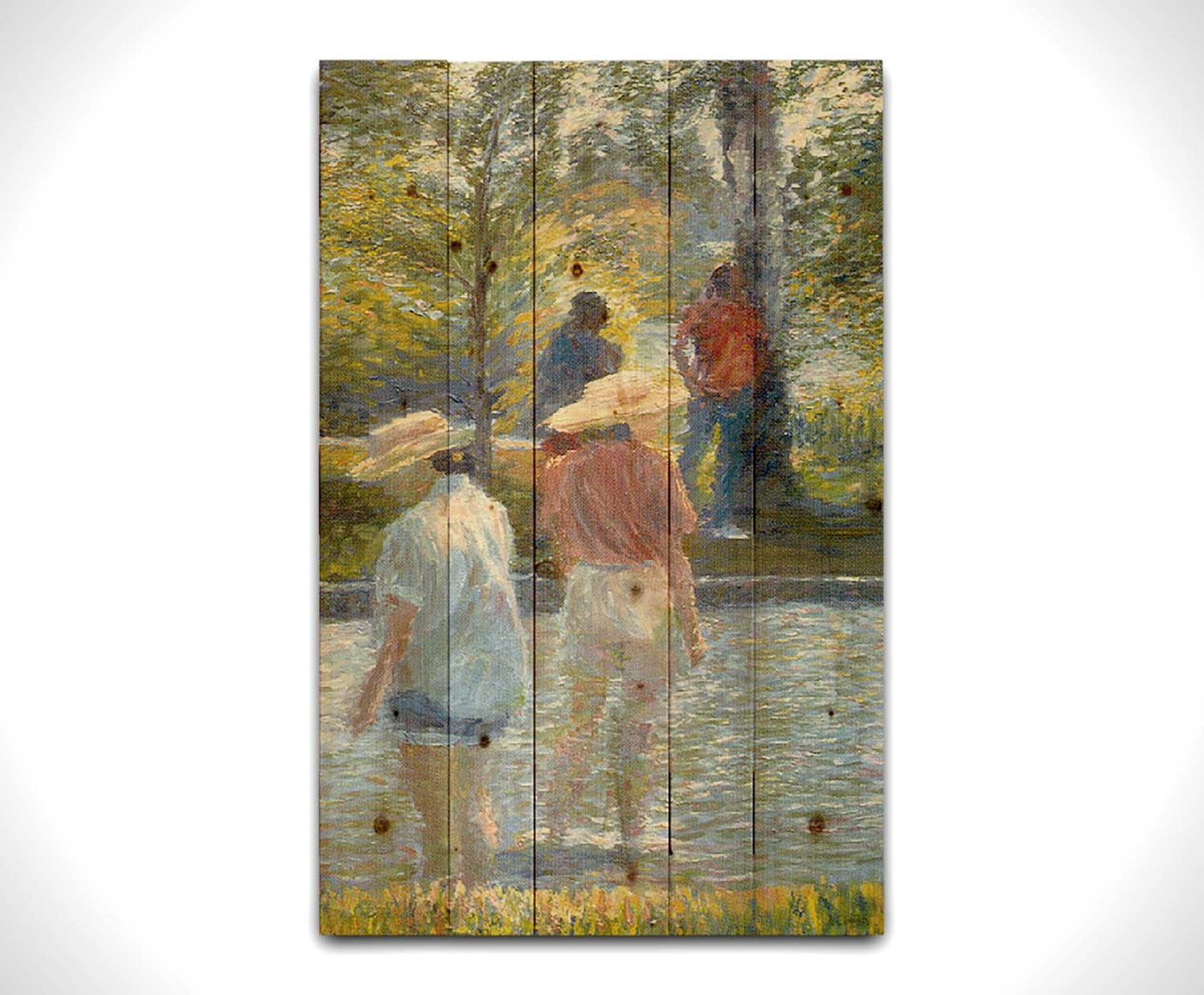 A painting of two people cooling off by wading in shallow water, with two more standing under a shade tree nearby. Printed on a wood pallet.