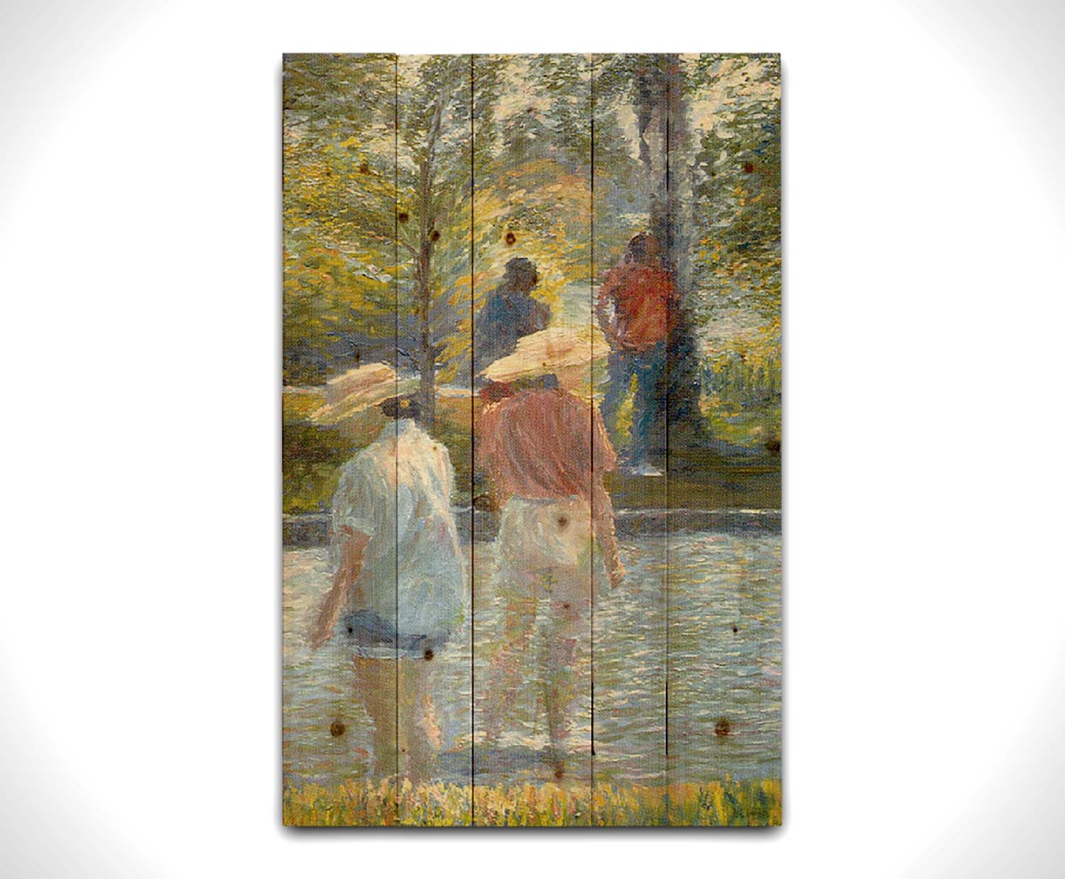 A painting of two people cooling off by wading in shallow water, with two more standing under a shade tree nearby. Printed on a wood pallet.