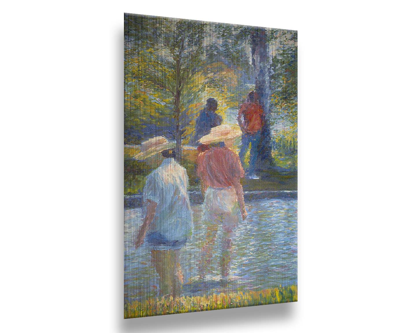 A painting of two people cooling off by wading in shallow water, with two more standing under a shade tree nearby. Printed on metal.