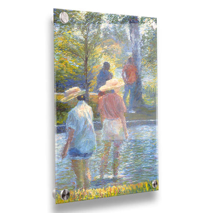 A painting of two people cooling off by wading in shallow water, with two more standing under a shade tree nearby. Printed on acrylic.