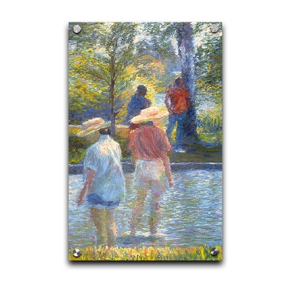 A painting of two people cooling off by wading in shallow water, with two more standing under a shade tree nearby. Printed on acrylic.