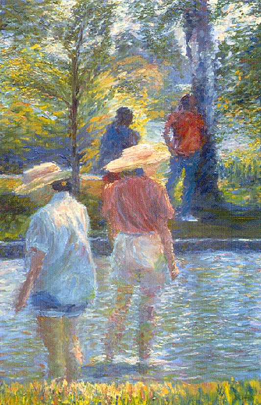 A painting of two people cooling off by wading in shallow water, with two more standing under a shade tree nearby. 