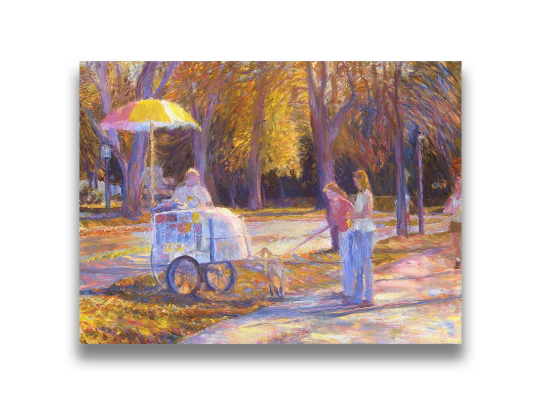 An impressionism-inspired painting of people walking down a park path with their dog during autumn. They have stopped at a concession cart. Printed on canvas.