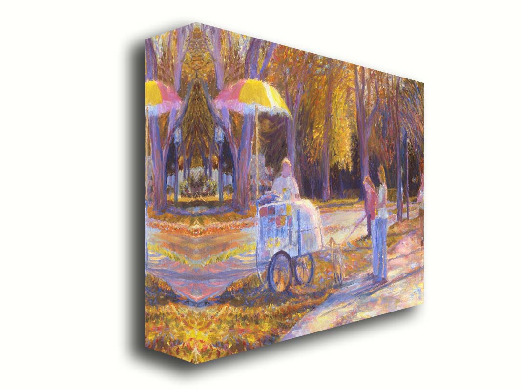 An impressionism-inspired painting of people walking down a park path with their dog during autumn. They have stopped at a concession cart. Printed on canvas.