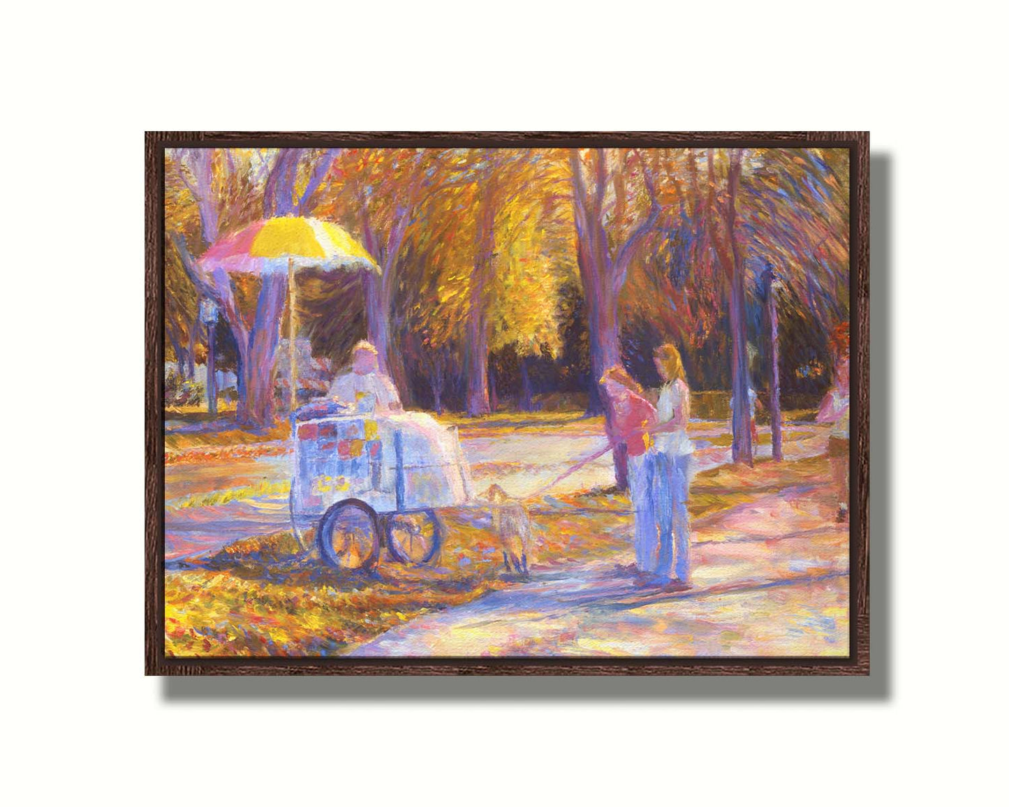 An impressionism-inspired painting of people walking down a park path with their dog during autumn. They have stopped at a concession cart. Printed on canvas in a float frame.