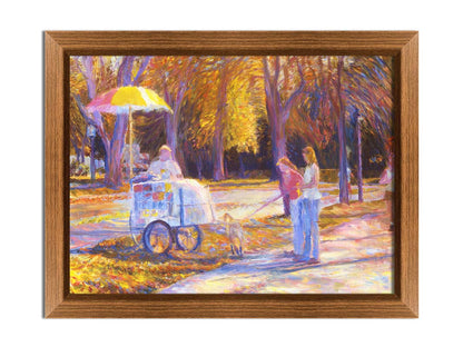 An impressionism-inspired painting of people walking down a park path with their dog during autumn. They have stopped at a concession cart. Printed on canvas and framed.