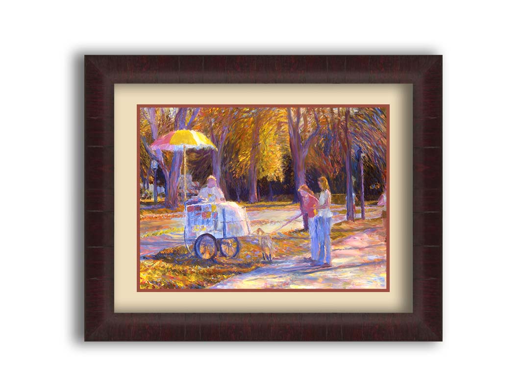 An impressionism-inspired painting of people walking down a park path with their dog during autumn. They have stopped at a concession cart. Printed on paper, matted, and framed.