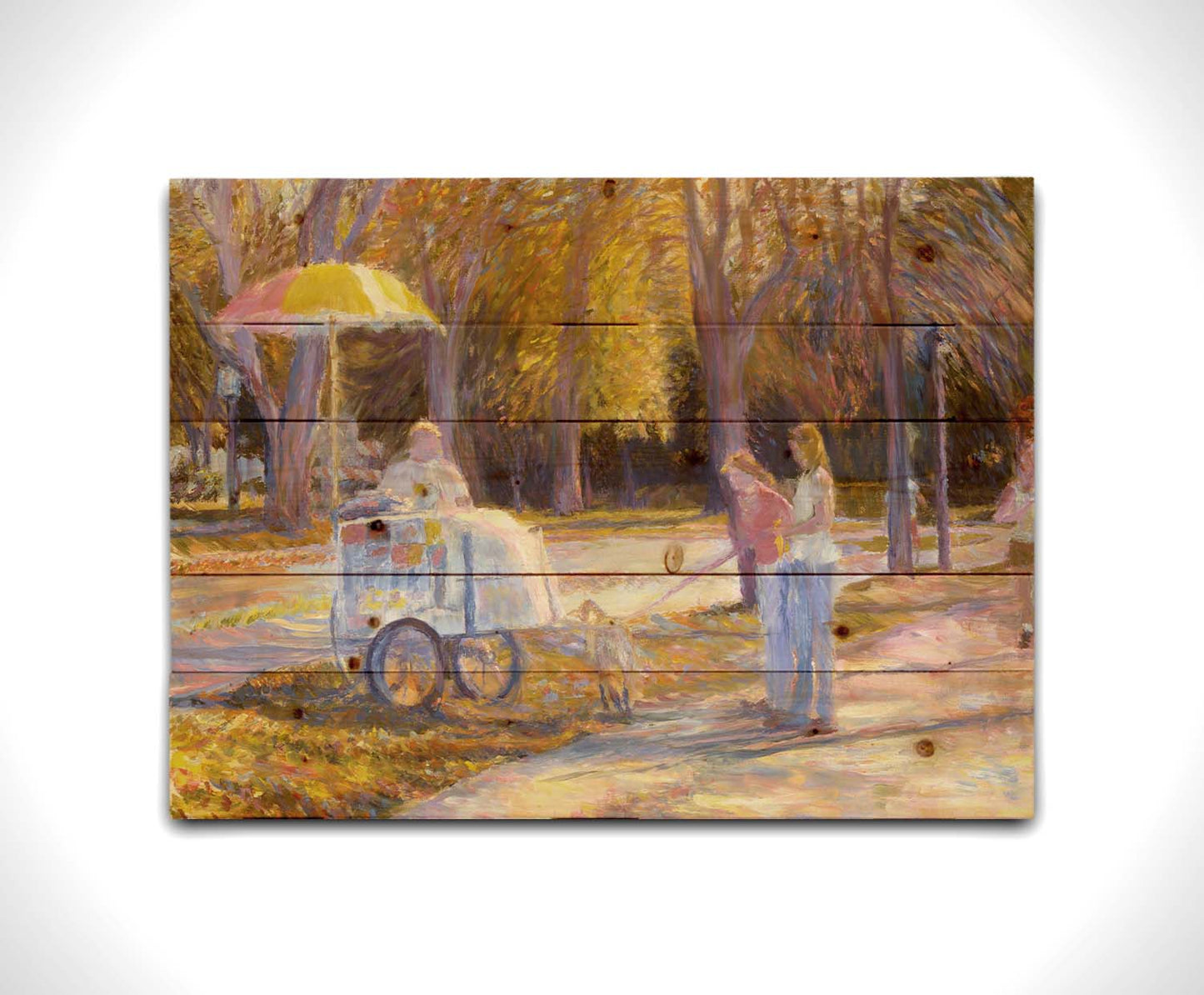 An impressionism-inspired painting of people walking down a park path with their dog during autumn. They have stopped at a concession cart. Printed on a wood pallet.