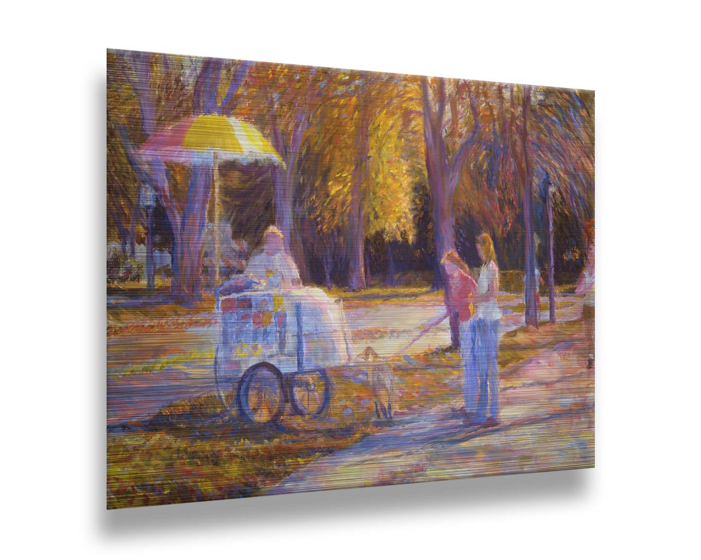 An impressionism-inspired painting of people walking down a park path with their dog during autumn. They have stopped at a concession cart. Printed on metal.