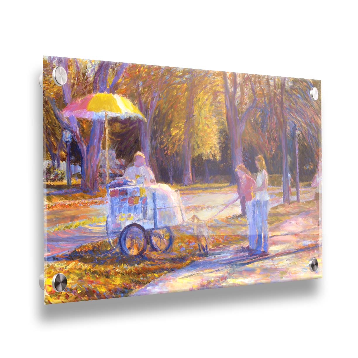 An impressionism-inspired painting of people walking down a park path with their dog during autumn. They have stopped at a concession cart. Printed on acrylic.