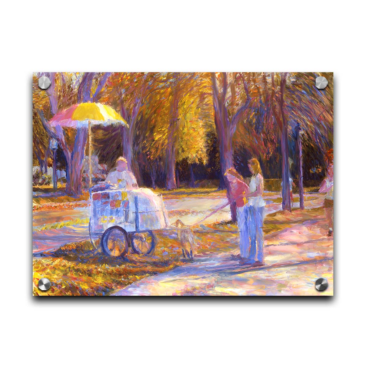 An impressionism-inspired painting of people walking down a park path with their dog during autumn. They have stopped at a concession cart. Printed on acrylic.