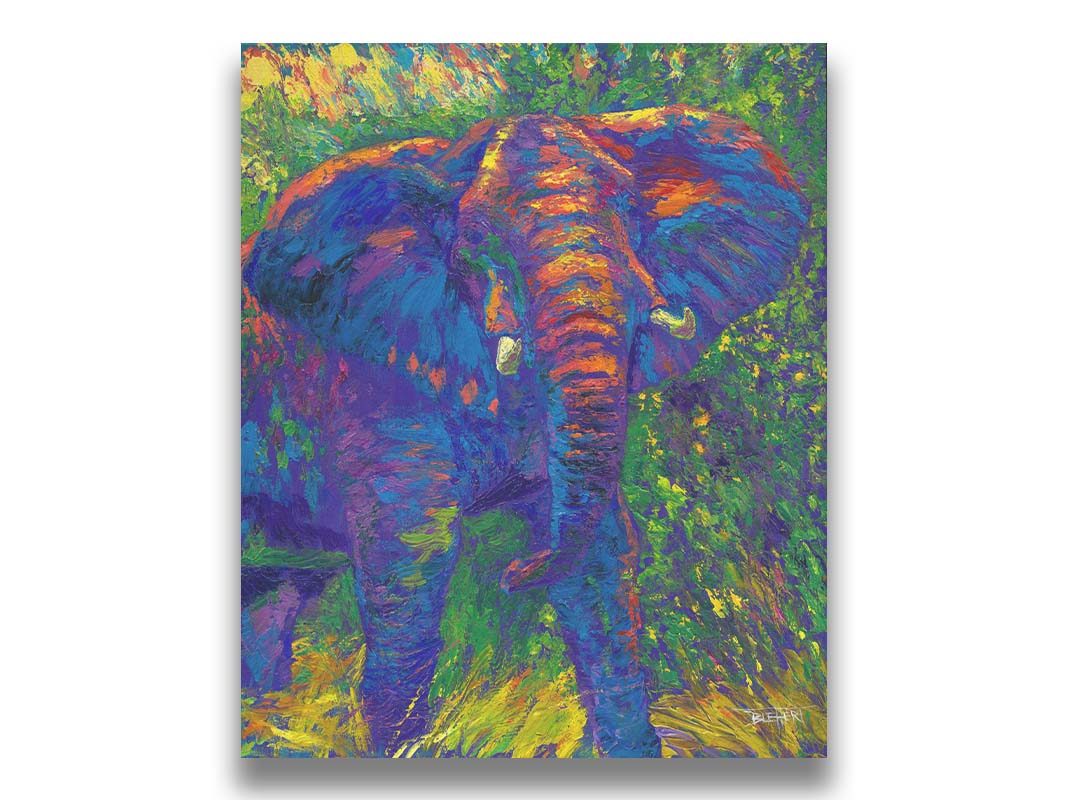 A painting of an elephant created using bright, arbitrary colors. Visible palette knife and brushstrokes add texture and movement to the portrait. Printed on canvas.