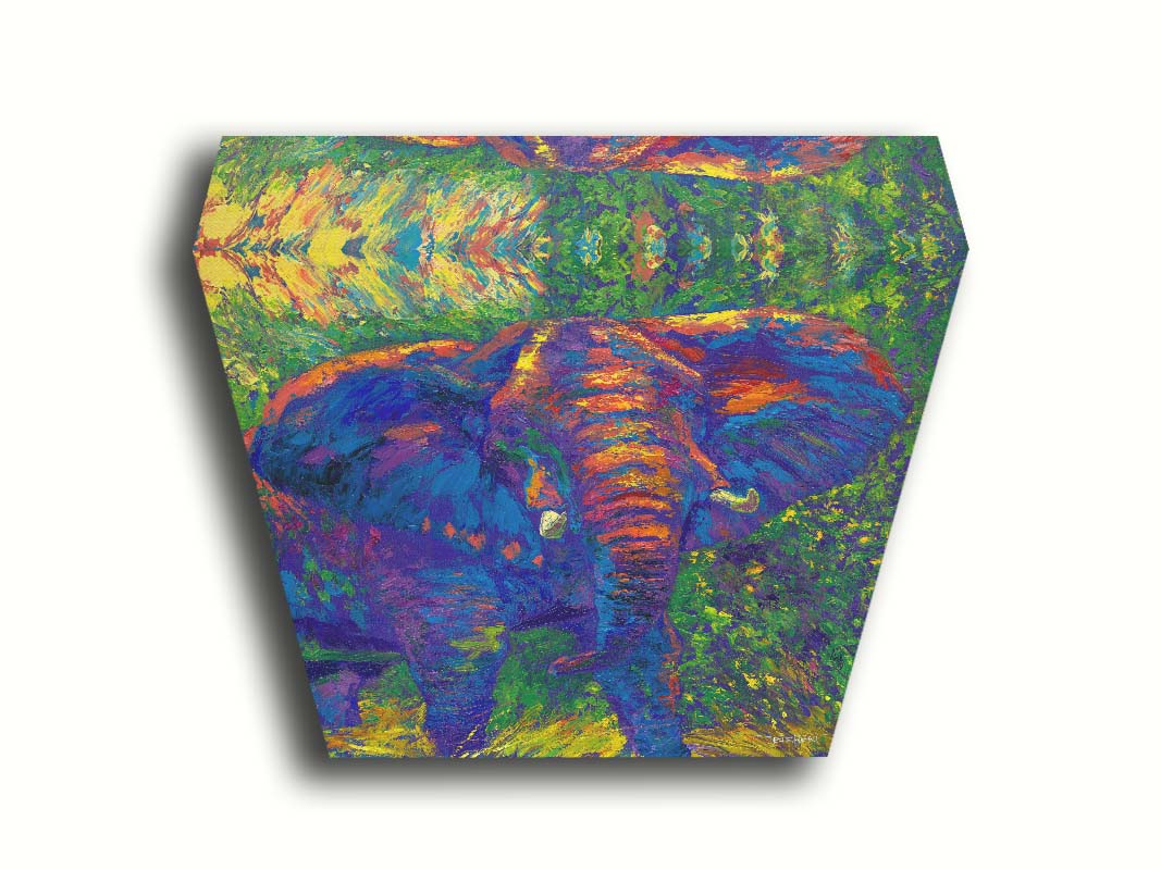 A painting of an elephant created using bright, arbitrary colors. Visible palette knife and brushstrokes add texture and movement to the portrait. Printed on canvas.