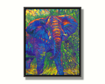 A painting of an elephant created using bright, arbitrary colors. Visible palette knife and brushstrokes add texture and movement to the portrait. Printed on canvas in a float frame.